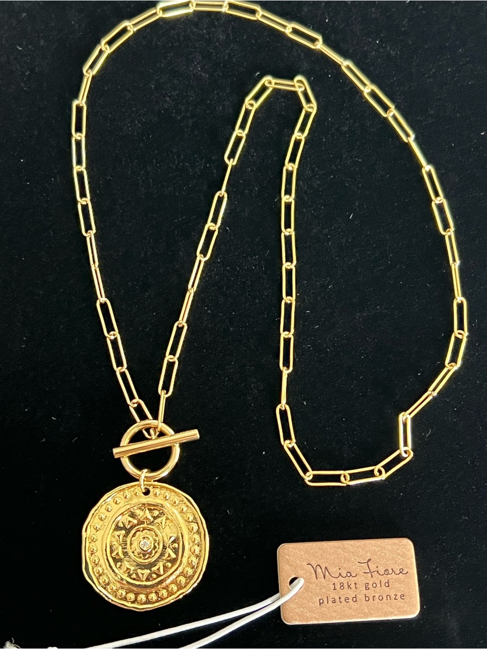 Mia Fiore Italy 18KT Gold Plated Bronze Paper Clip Disc Pendant Necklace NWT